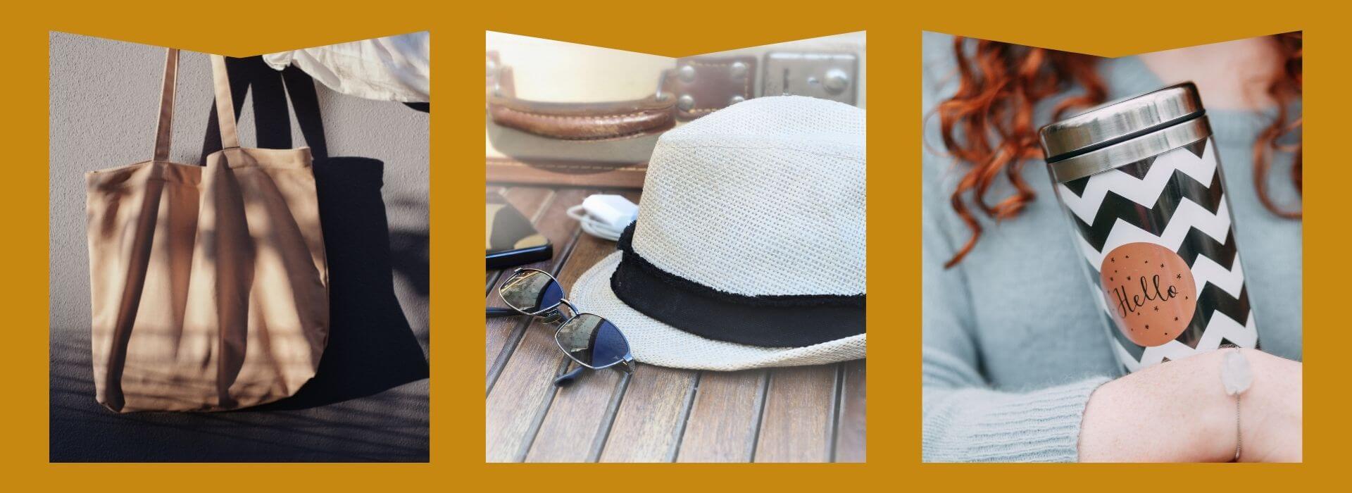 Tote bag, sun hat, tumbler