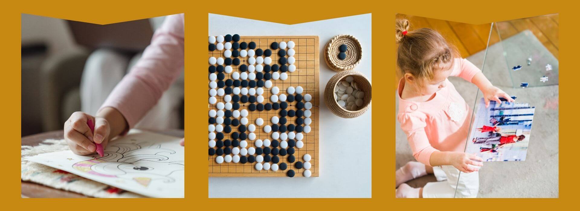 Colouring book, kids playing a puzzle