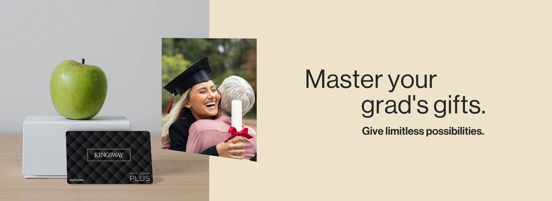 Gift card in front of apple and girl embracing grandma