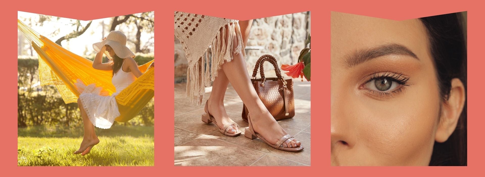 Flowy dress, sandals, woman's eyelashes