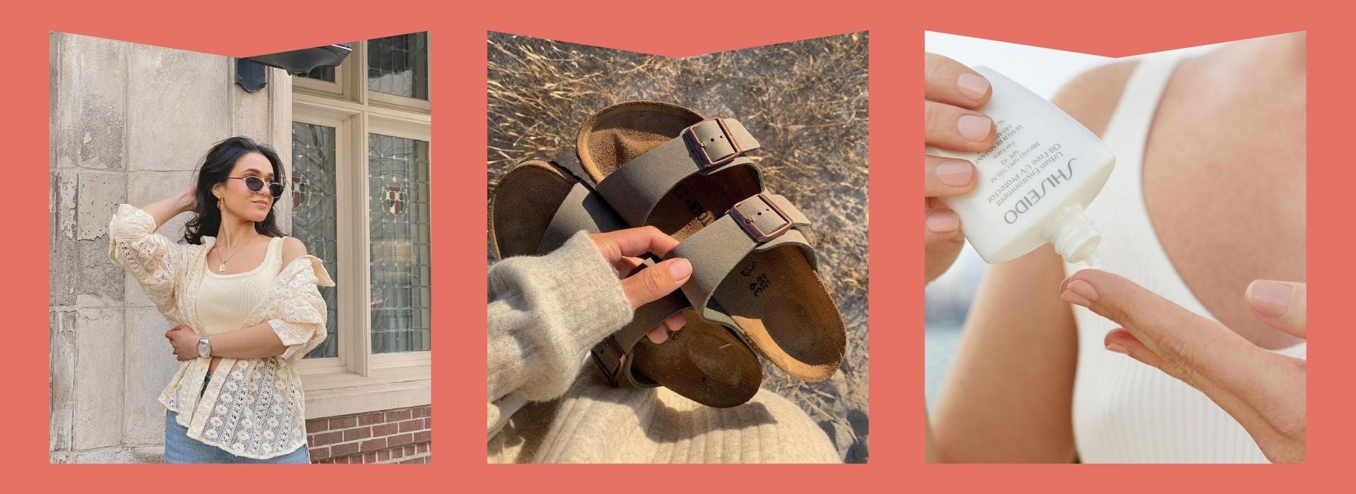 Beach cover up, sandals, sunscreen