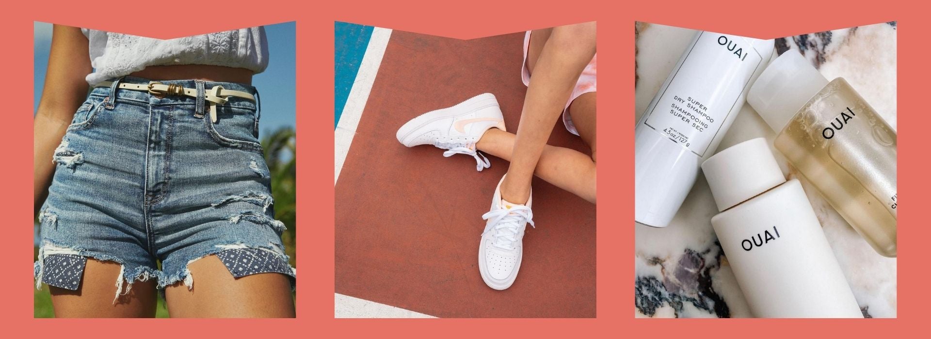 Denim shorts, sneakers, dry shampoo