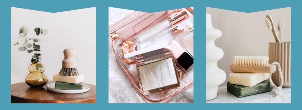 Stacked bars of soup, Cosmetics bag with makeup, Soap bars with brush