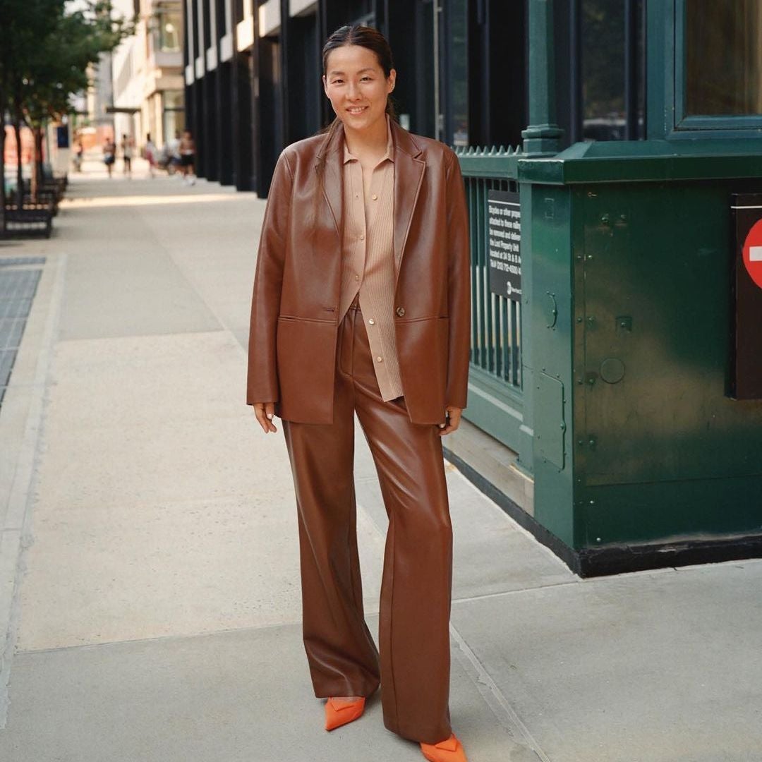 Brown leather pantsuit set