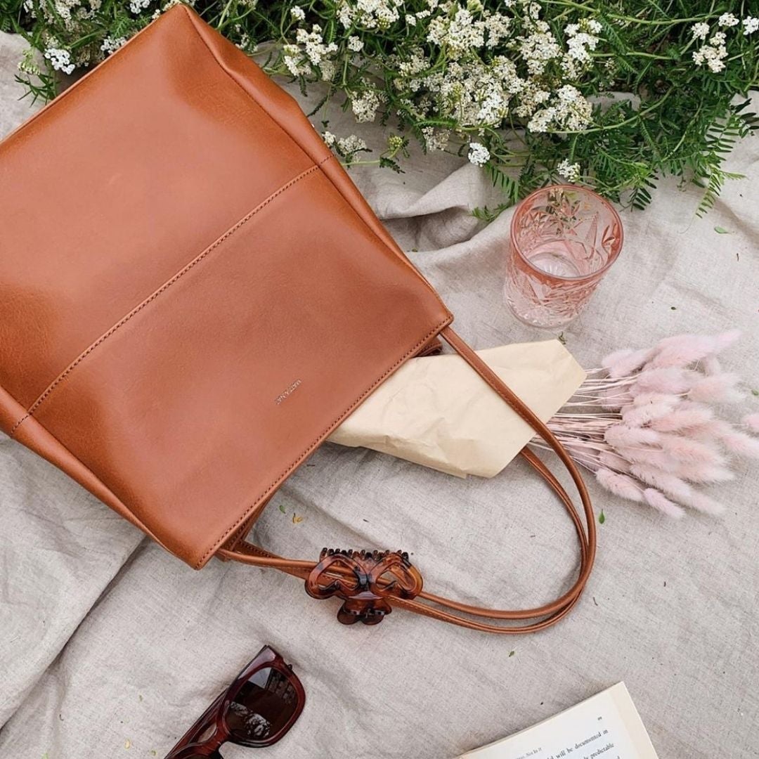 Leather bag flatlay
