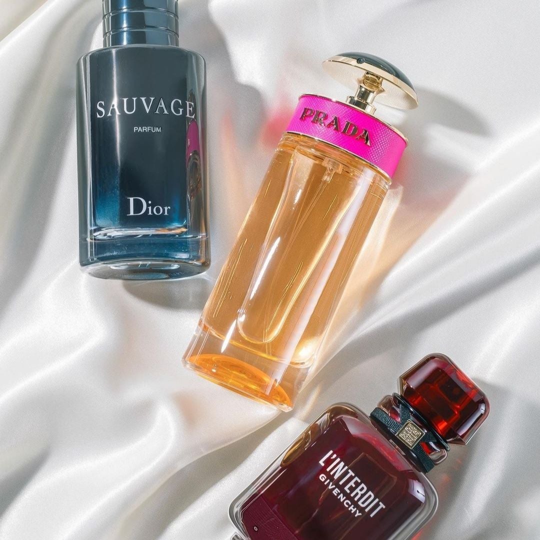 Flatlay of fragrances
