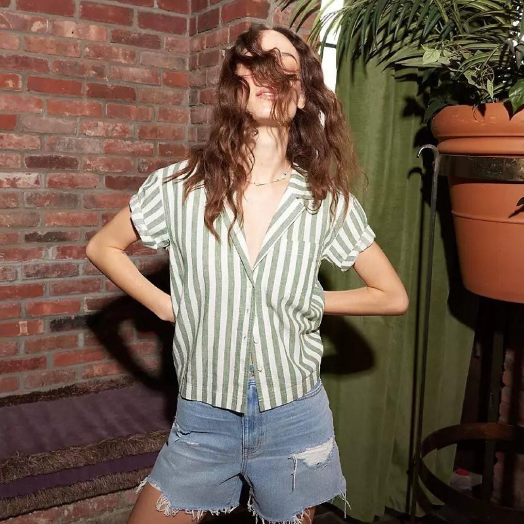 Striped shirt and denim shorts